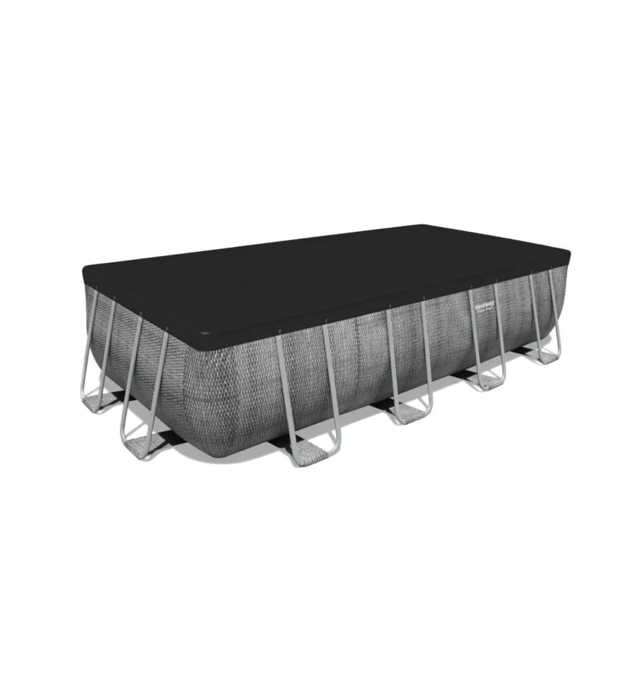 PISCINA FUORI TERRA CON STRUTTURA RETTANGOLARE BESTWAY "POWER STEEL FRAME"  CON COPERTURA, FILTRO, SCALA E CHEMCONNECT EFFETTO RATTAN 488X244X122 CM - COD. 56996